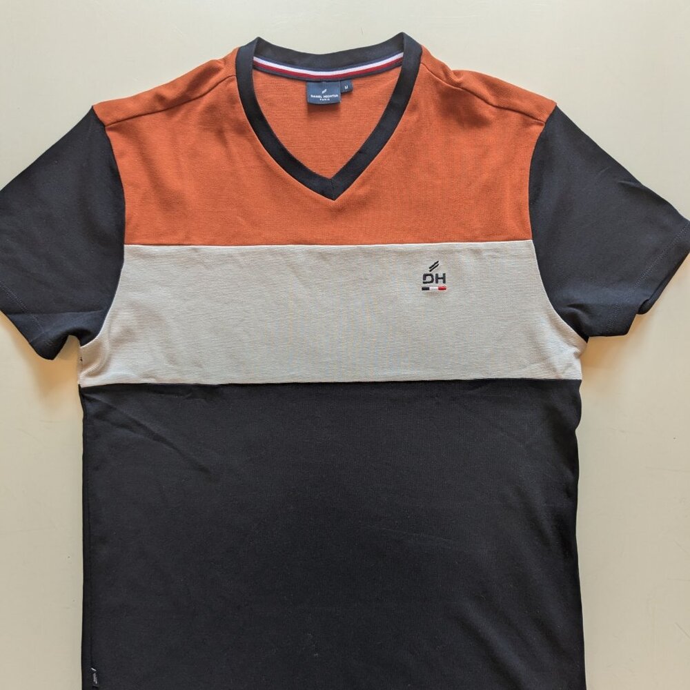 Daniel Hechter Paris Men’s Colorblock V-Neck T-Shirt Medium Rust Beige Blue